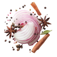 Composition with fresh onion slices and spices transparent background png