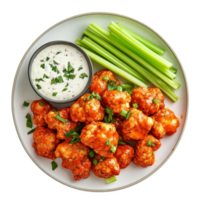 Cauliflower buffalo wings with celery and sauce on plate transparent background png