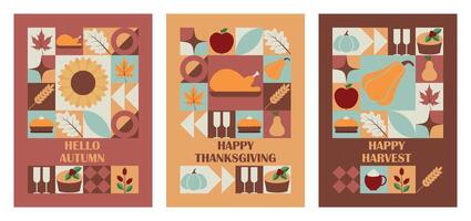 Set of Thanksgiving Day and Harvest Festival vertical greeting cards with modern abstract geometric pattern. illustration vector