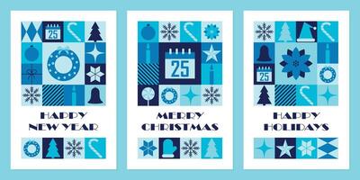 Merry Christmas and Happy New Year greeting cards. Set of modern geometric backgrounds. Abstract neo geometric pattern. Template for postcard or invitations. illustration vector