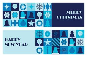 Set of horizontal Merry Christmas and New Year banners. Greeting card design template with abstract geometric print. illustration vector