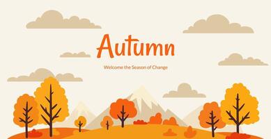 A colorful autumn panorama landscape illustration with hills, trees, and mountains. Bright yellow, orange, tree, grass, bushes, for a serene, natural environment. Not AI vector