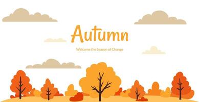 A colorful autumn panorama landscape illustration with hills, trees, and mountains. Bright yellow, orange, tree, grass, bushes, for a serene, natural environment. Not AI vector