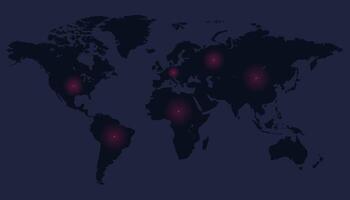A dark world map with red spots, blue and purple gradient, highlighting global connections and technology. Modern and futuristic, perfect for business, travel, or communication designs. Not AI. vector