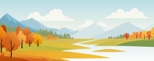 An autumn landscape featuring a serene river flowing through a valley, surrounded by trees and mountains. The scene includes bright fall colors, a blue sky. Not AI. vector