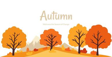 A colorful autumn panorama landscape illustration with hills, trees, and mountains. Bright yellow, orange, tree, grass, bushes, for a serene, natural environment. Not AI vector