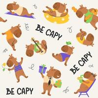 Seamless pattern cute capybaras, lettering be capy. Funny background. Illustration vector