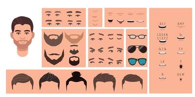 Man face constructor, avatar of male character creation hairstyle, nose, eyes with eyebrows and lips. Facial elements for construction. Cartoon set suitable for animation and lip sync speaking. vector