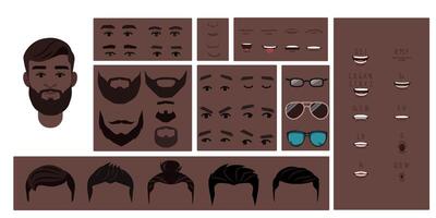 Brown skin colored man face constructor, avatar of male character creation hairstyle, nose, eyes, eyebrows and lips. Cartoon set suitable for animation and lip sync speaking. vector