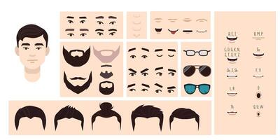 Asian man face constructor, avatar of male character creation hairstyle, nose, eyes with eyebrows and lips. Facial elements for construction. Cartoon set suitable for animation and lip sync speaking. vector