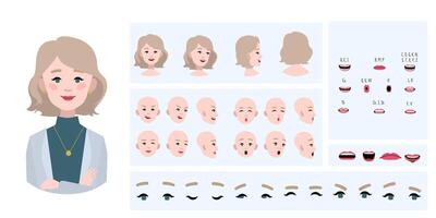 Business woman avatar creation suitable for animation. Generator, constructor of diverse views of eyes, lips, emotion expressions mouth animation and lip sync. Girl character face construction. vector
