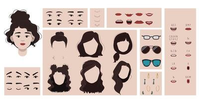Asian female face constructor, avatar of woman character creation hairstyle, nose, eyes with eyebrows and lips.Cartoon set suitable for animation and lip sync speaking. vector