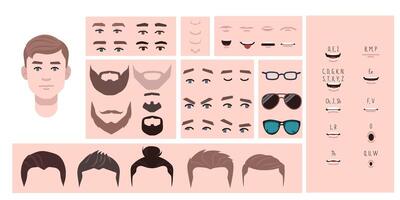 Man face constructor, avatar of male character creation hairstyle, nose, eyes with eyebrows and lips. Facial elements for construction. Cartoon set suitable for animation and lip sync speaking. vector