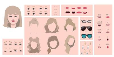 Female face constructor, avatar of woman character creation hairstyle, nose, eyes with eyebrows and lips. Cartoon set suitable for animation and lip sync speaking. vector
