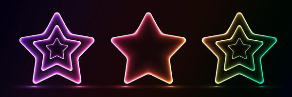 Set of glowing neon stars shape with lighting lines on black background technology concept. Light elements for badges, price tag, label cards, logo design, christmas. vector