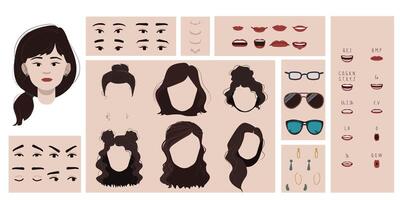 Asian female face constructor, avatar of woman character creation hairstyle, nose, eyes with eyebrows and lips.Cartoon set suitable for animation and lip sync speaking. vector