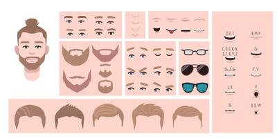 Man face constructor, avatar of male character creation hairstyle, nose, eyes with eyebrows and lips. Facial elements for construction. Cartoon set suitable for animation and lip sync speaking. vector
