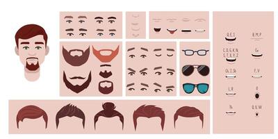 Man face constructor, avatar of male character creation hairstyle, nose, eyes with eyebrows and lips. Facial elements for construction. Cartoon set suitable for animation and lip sync speaking. vector