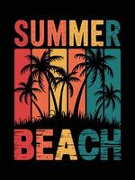 A colorful, retro-style design featuring SUMMER BEACH with palm trees and a sunset background vector