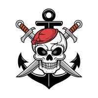 A skull wearing a red beret is flanked by crossed swords and positioned above an anchor vector