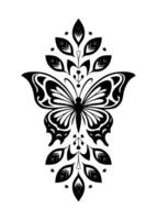 Minimalist black line design features a stylized butterfly surrounded by simple floral elements vector