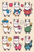 Cute alpaca cartoon set of different characters vector