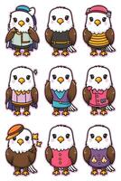 A set of cartoon bald eagles with different outfits vector