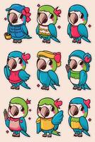 A set of cartoon parrots with different outfits vector