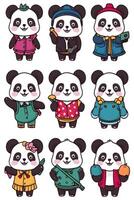 Panda bear in different clothes and accessories vector