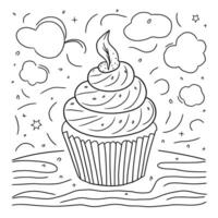 A coloring page with a cupcake and clouds vector