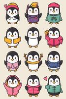 Penguin set of different winter clothes vector
