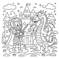A coloring page with a knight and dragon vector