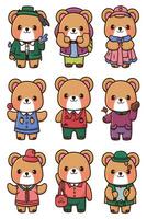 A set of teddy bears in different clothes vector