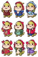 Cartoon cute dinosaur characters in different outfits vector