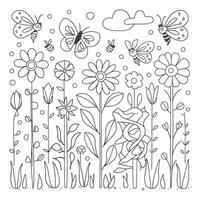 A coloring page with flowers and butterflies vector