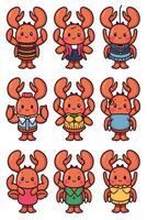 A set of cartoon crabs in different outfits vector