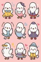 Cute white birds in different outfits vector