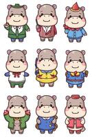 A set of cartoon hippos in different outfits vector