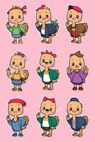 A set of cartoon characters with different outfits vector
