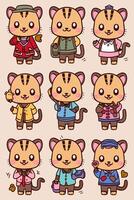 A set of cartoon cat characters with different outfits vector