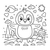 A coloring page with a penguin in the snow vector
