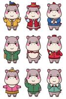 A set of nine hippos in different clothes vector