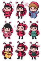 A sticker set of ladybug characters vector