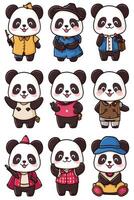 Panda bear characters in different outfits vector