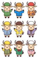 A set of cartoon cow characters in different outfits vector