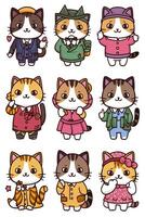 A set of cartoon cats in different outfits vector