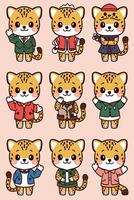 Cute leopard characters in different outfits vector
