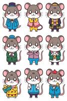 A set of cartoon mice in different outfits vector