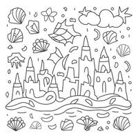 A coloring page with a castle and other objects vector