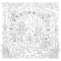 A coloring page with fairy and flowers vector